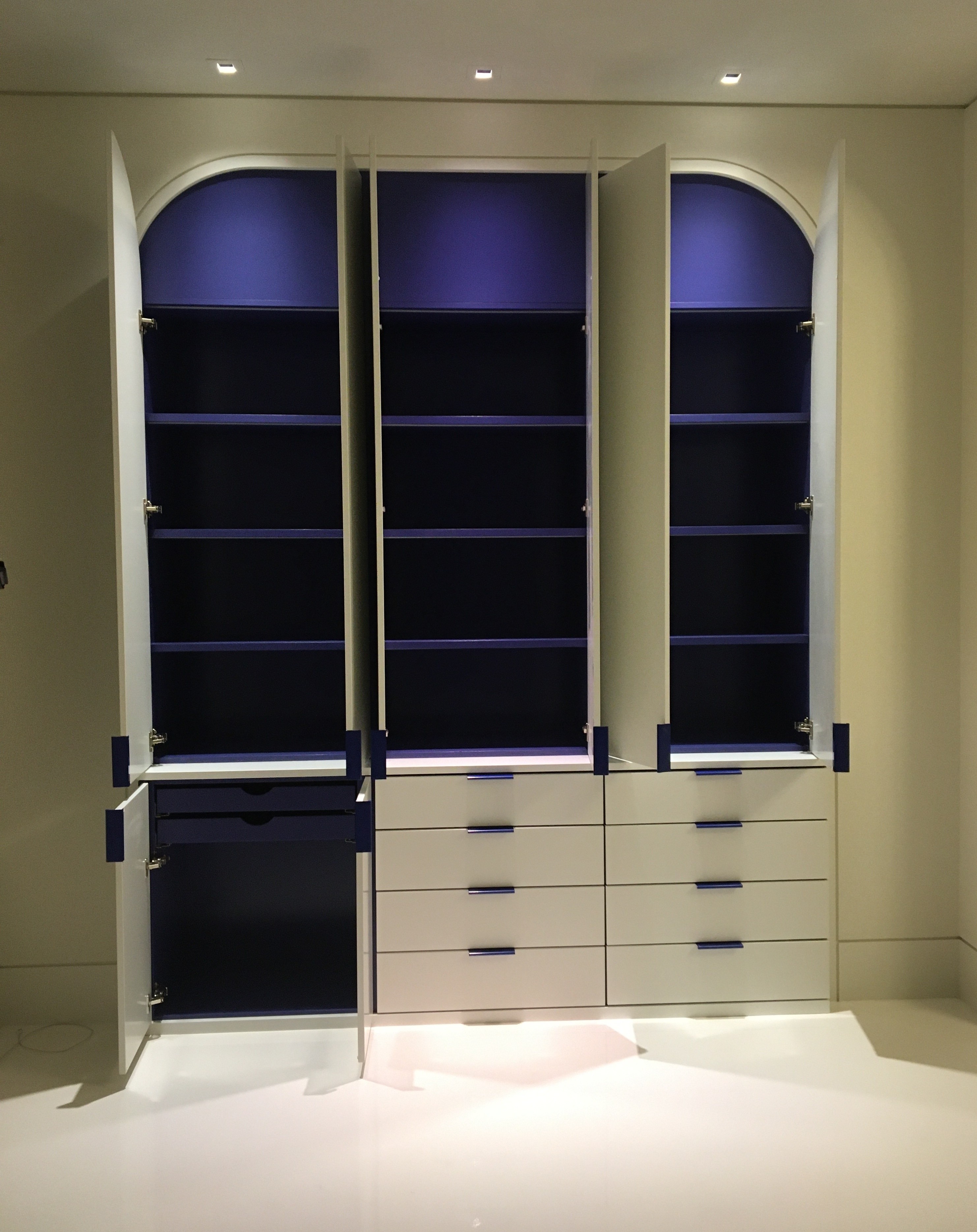 Blue & White Arched Cabinet — 2 Doors Open