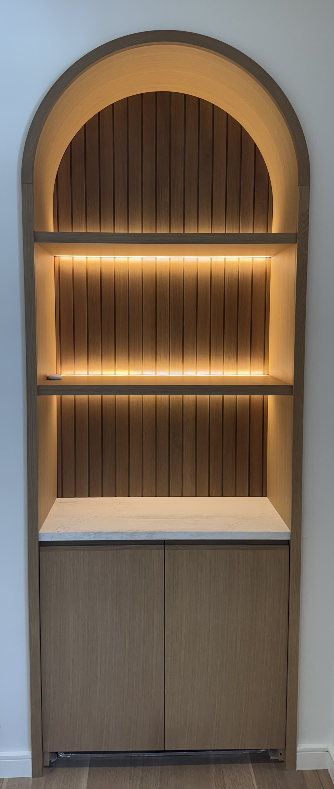 Rift White Oak Arched Cabinet — 2 Arched Built-in Lights